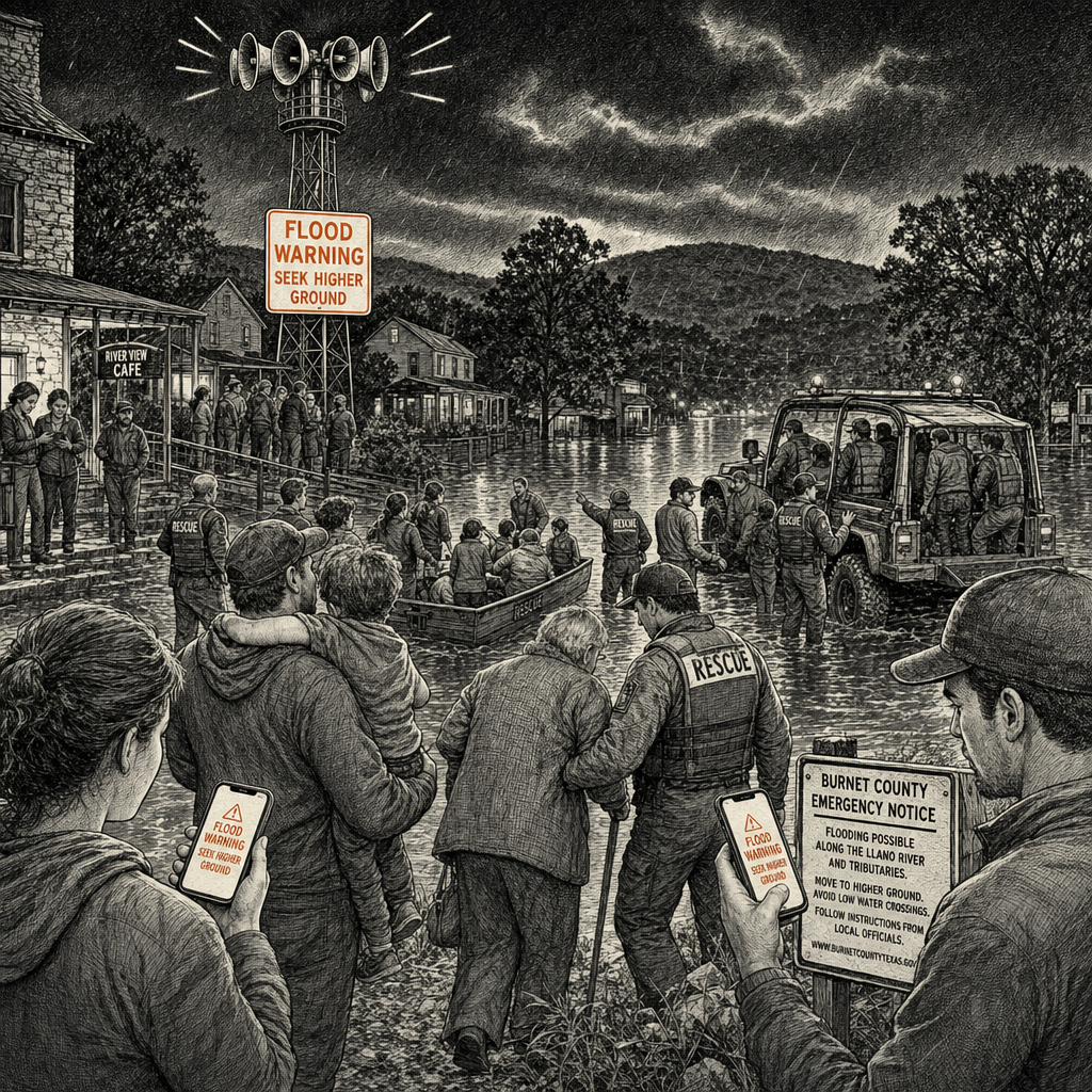 Illustration accompanying article: Texas flood warnings improve as 2 die, hundreds rescued