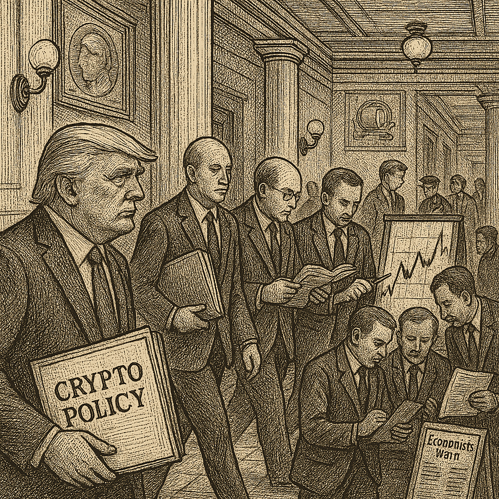Illustration accompanying article: Trump's crypto ventures net $1.2 billion as economists warn of financial instability