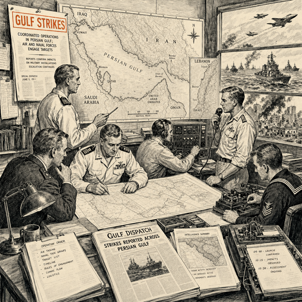 Illustration accompanying article: U.S., Iran escalate strikes in Gulf as Israel bombs Lebanon
