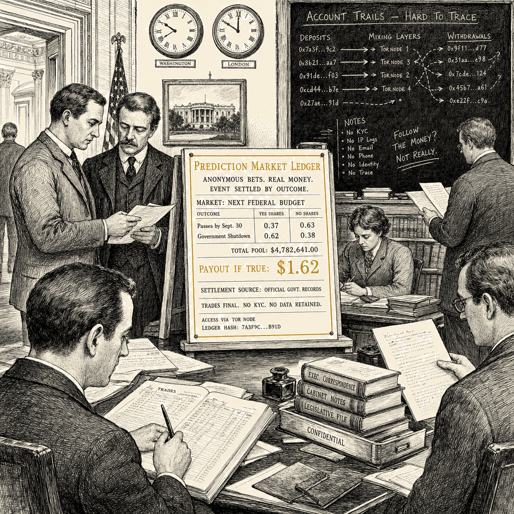 Illustration accompanying article: White House probe finds it can't track staff bets on prediction markets