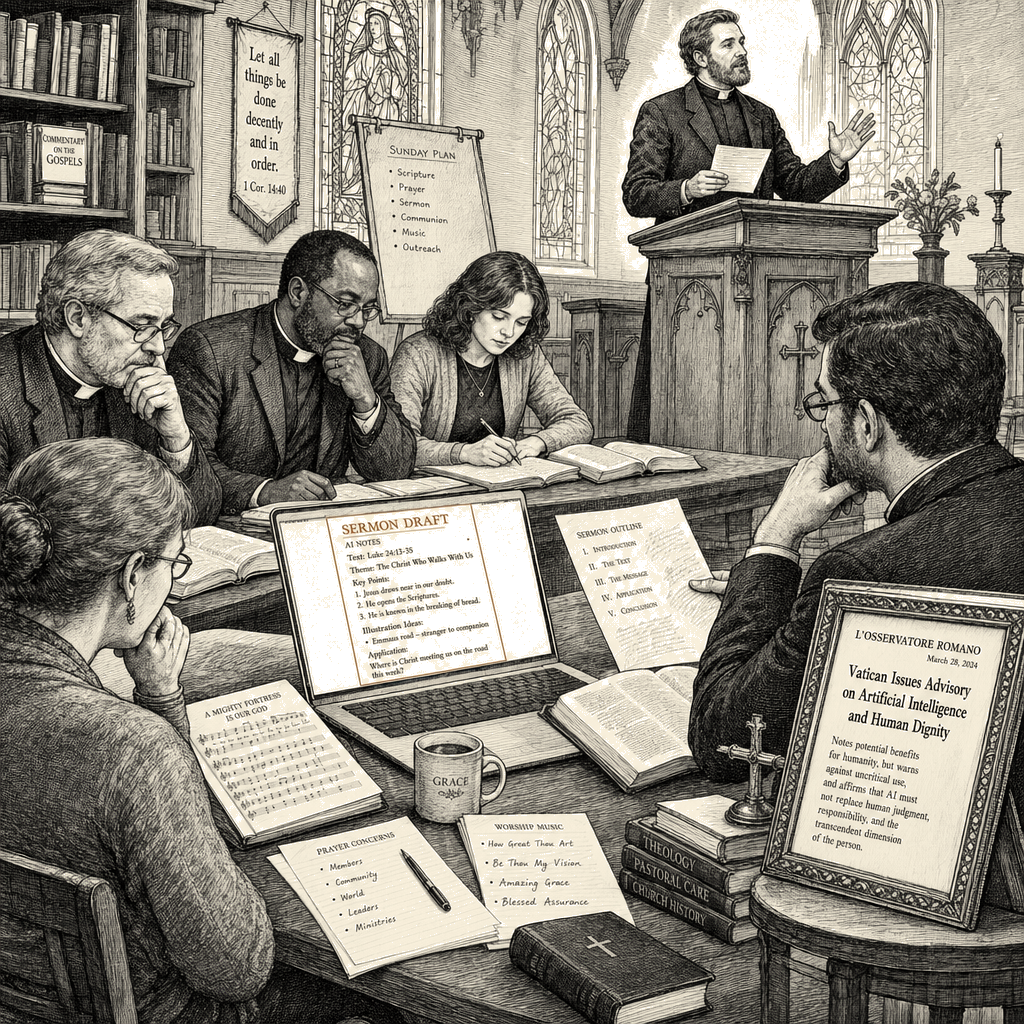 Illustration accompanying article: AI sermon use grows among US pastors, Vatican warns of limits