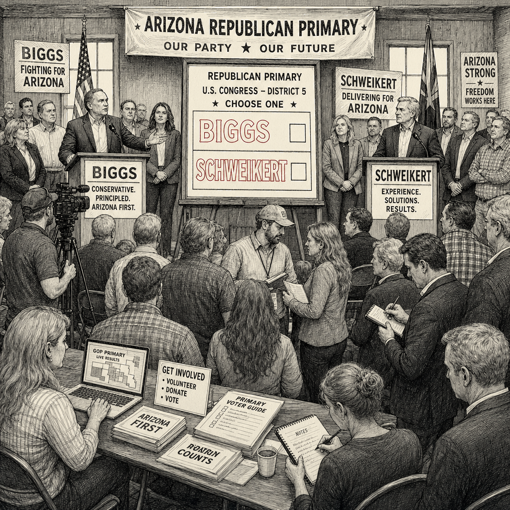 Illustration accompanying article: Arizona GOP primary pits Biggs, Schweikert in clash over party direction