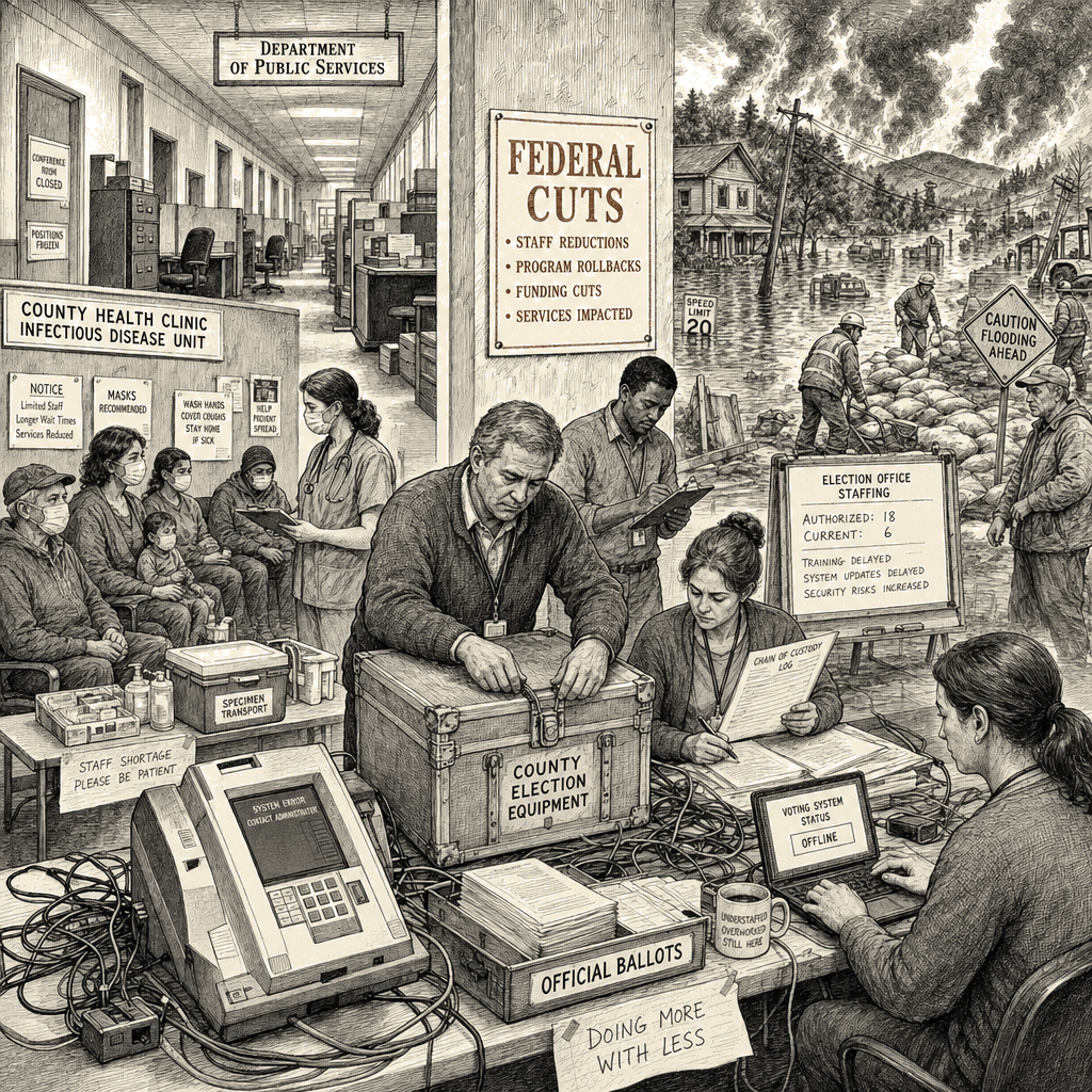 Illustration accompanying article: Federal cuts and policy rollbacks leave US facing multiple crises