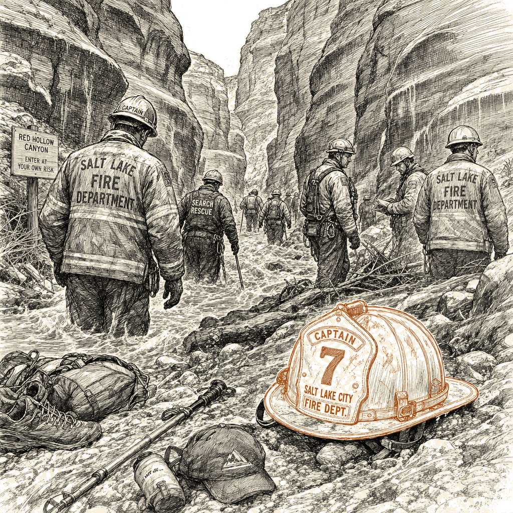 Illustration accompanying article: Fire captain and family killed in Utah flash flood