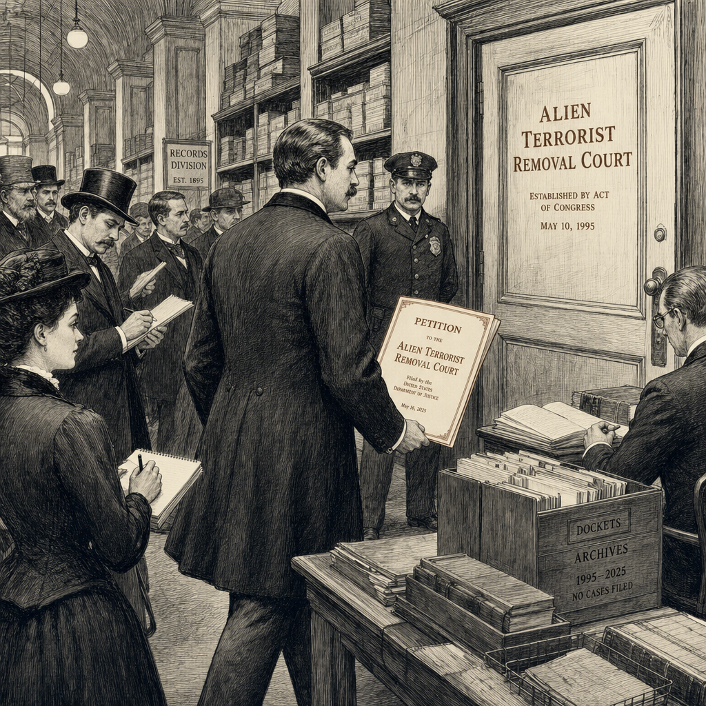 Illustration accompanying article: Justice Department files first petition to dormant alien terrorist removal court