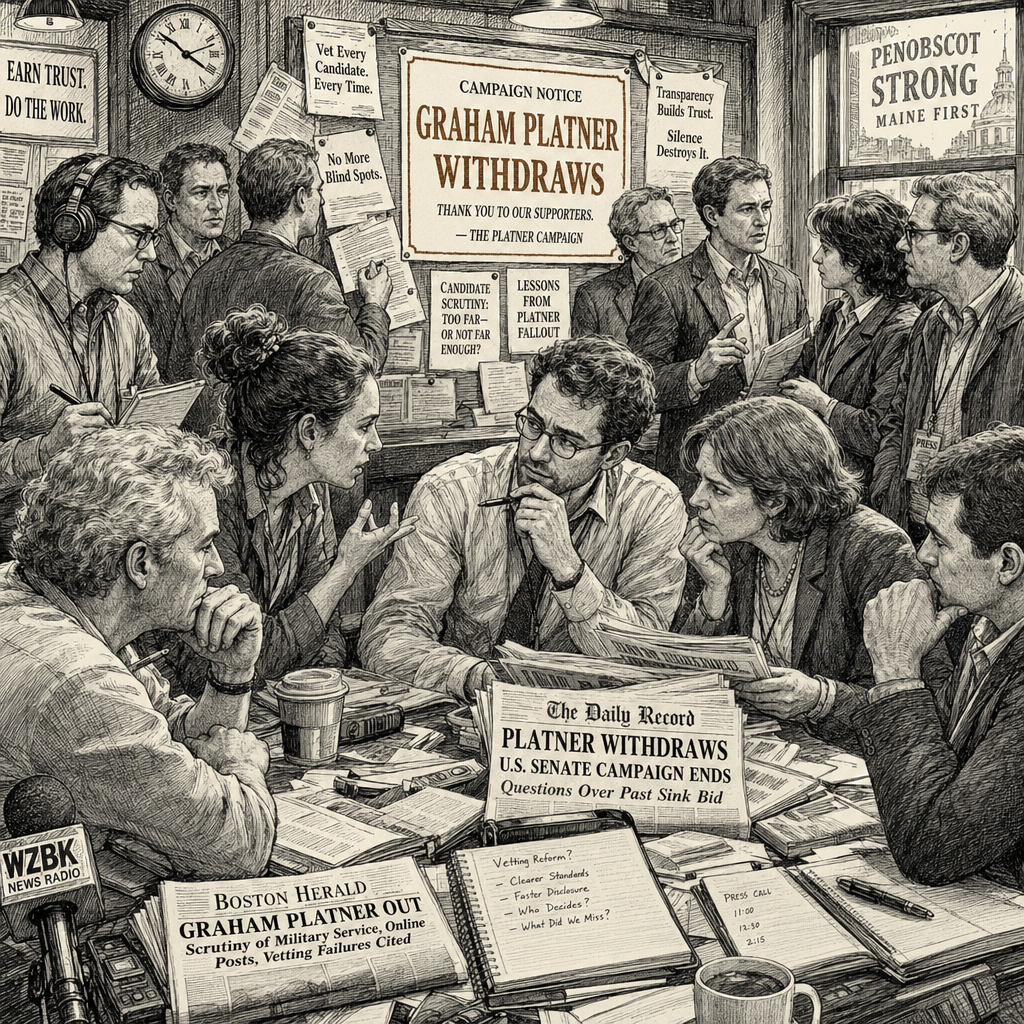 Illustration accompanying article: Platner withdrawal renews debate over candidate scrutiny, strategists say