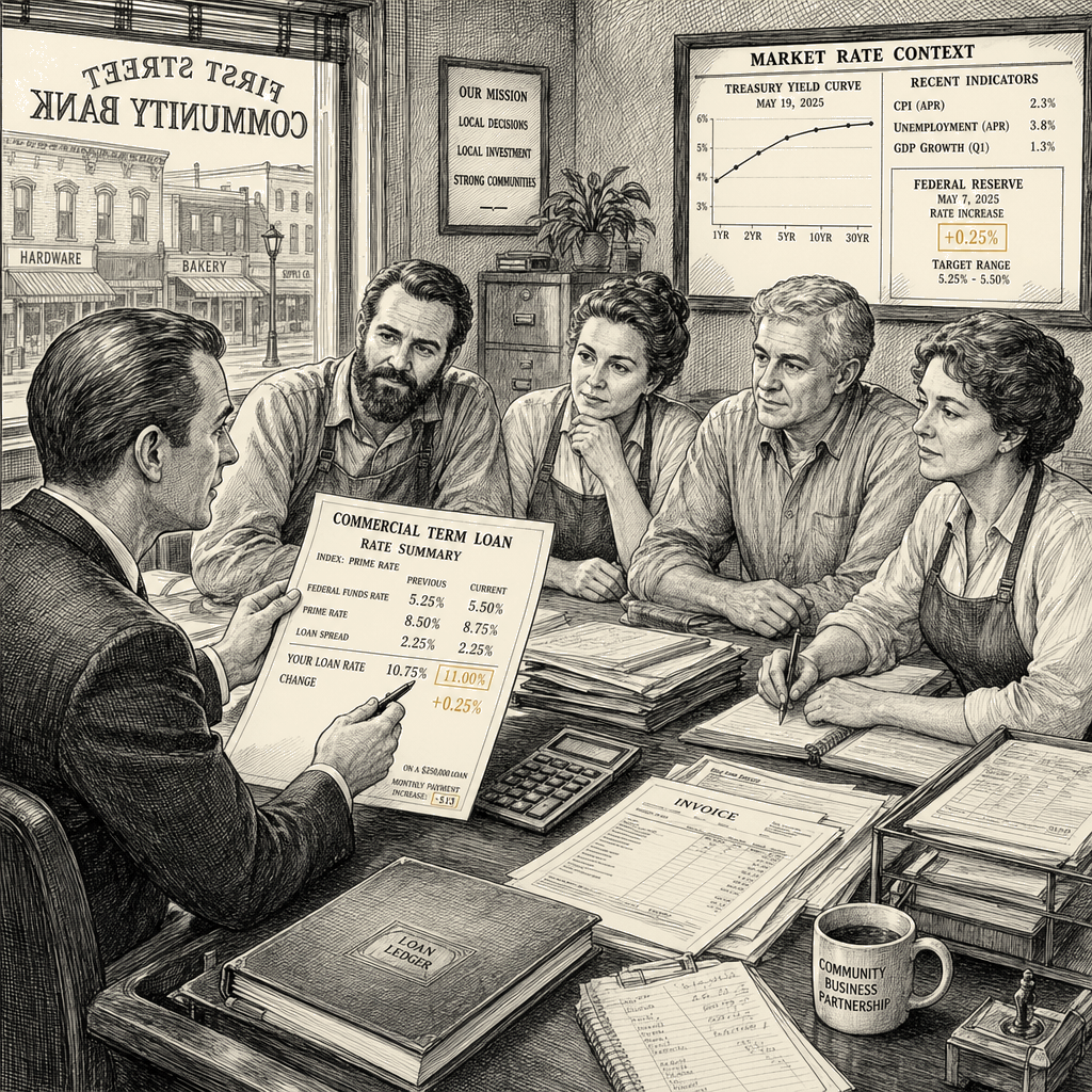 Illustration accompanying article: Small-business loan costs little changed by quarter-point rate rise