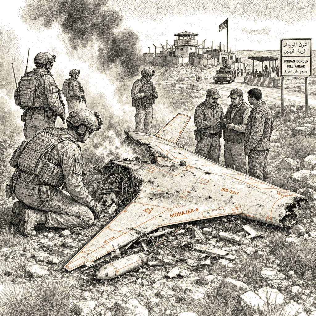 Illustration accompanying article: U.S. service member dies in Iraq drone operation; Jordan toll likely to rise