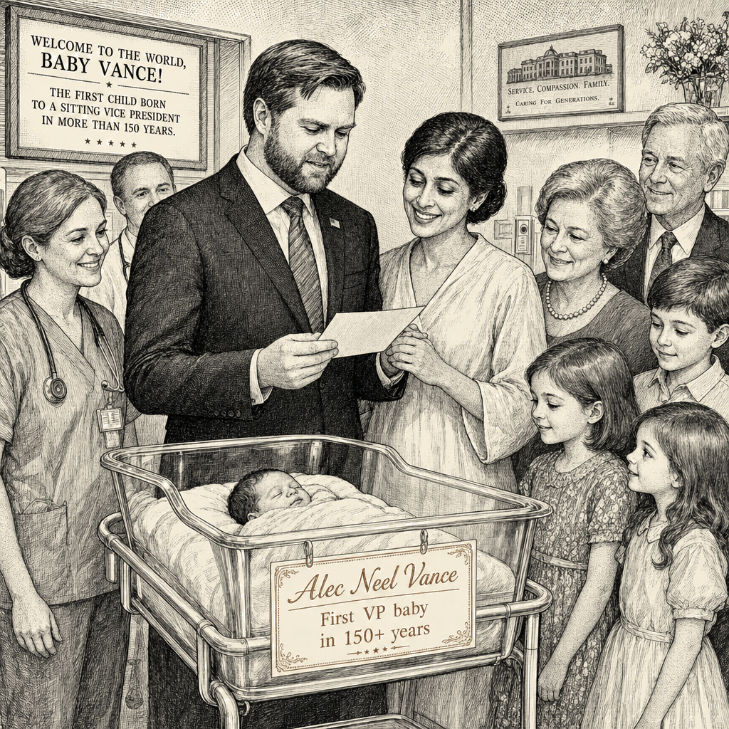 Illustration accompanying article: Vance and wife Usha announce birth of son, a first for a sitting VP in over 150 years