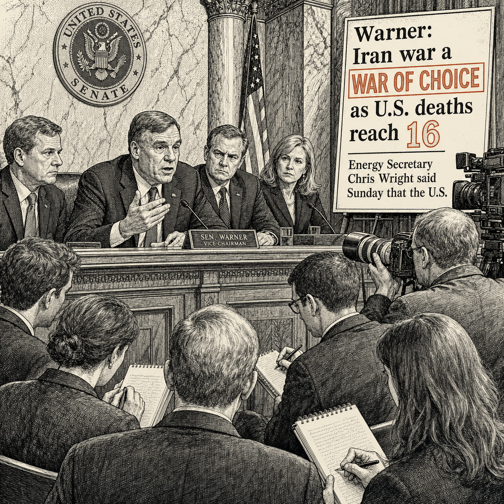 Illustration accompanying article: Warner: Iran war a ''war of choice'' as U.S. deaths reach 16