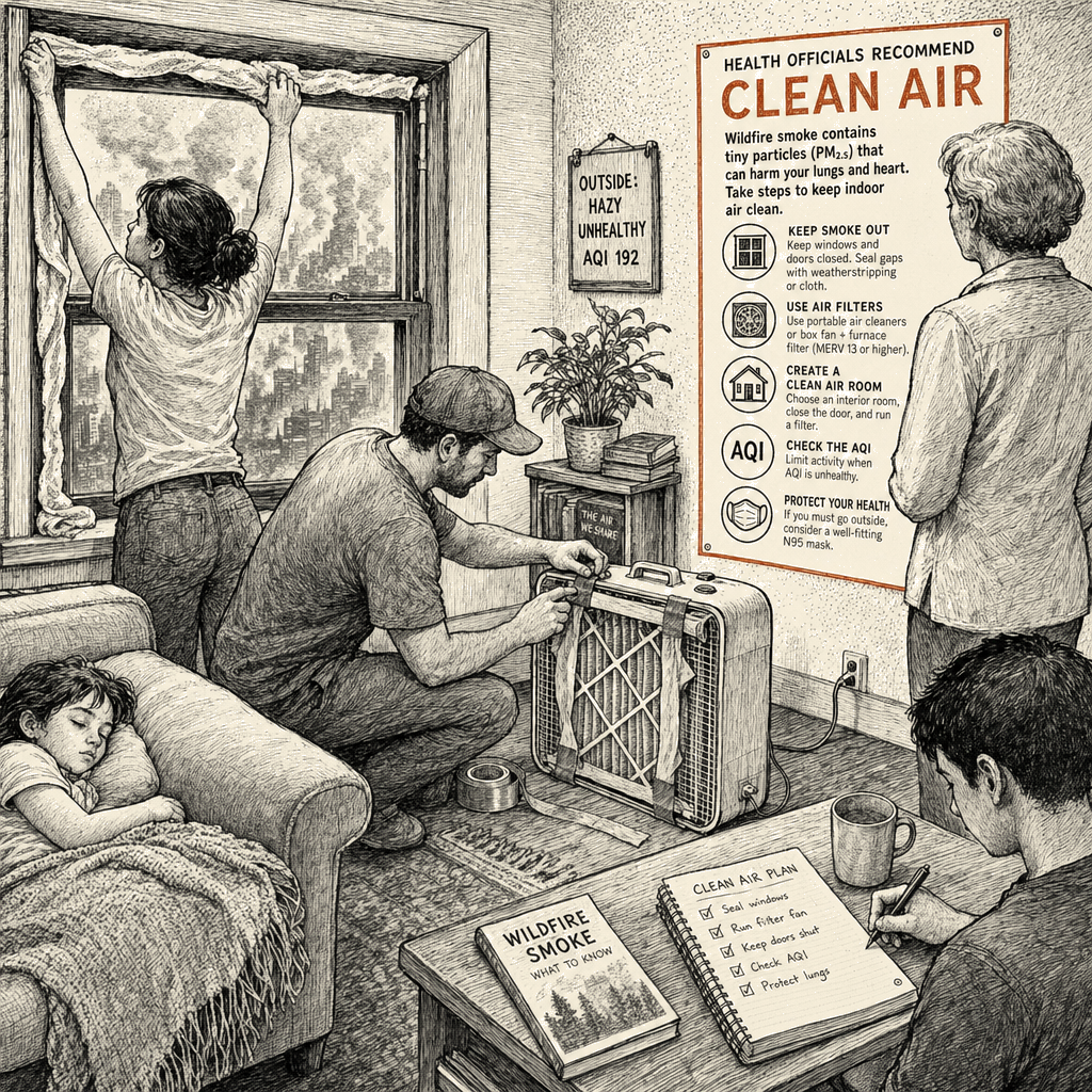 Illustration accompanying article: Wildfire smoke health risks drive indoor air filter guidance