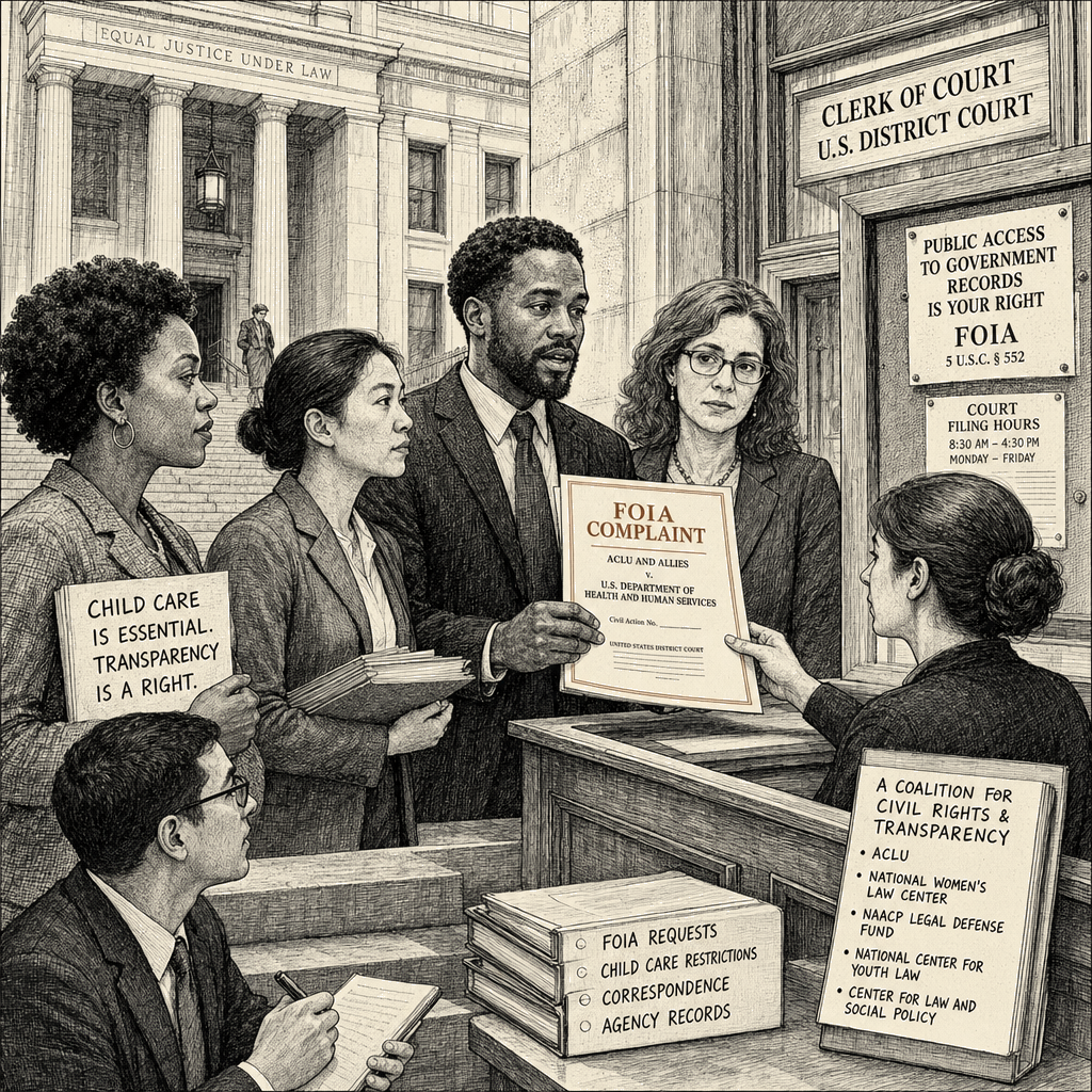 Illustration accompanying article: ACLU and allies sue HHS over FOIA failure on child care restrictions