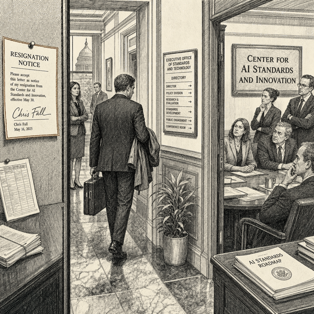 Illustration accompanying article: Director of Trump's AI safety center resigns after three months