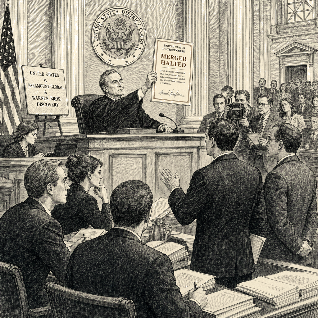 Illustration accompanying article: Federal judge halts Paramount-Warner Bros. merger