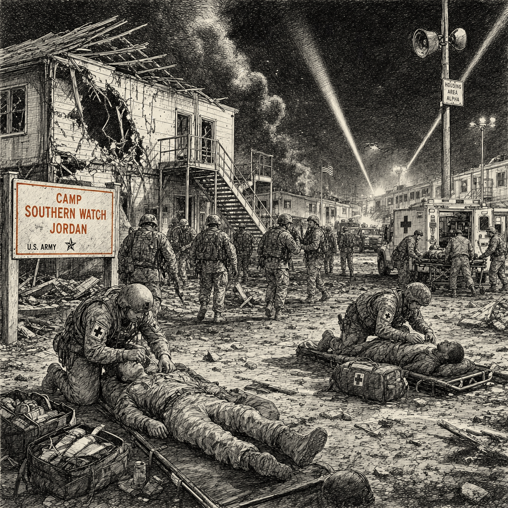 Illustration accompanying article: Iran missile kills two U.S. soldiers in strike on Jordan base housing