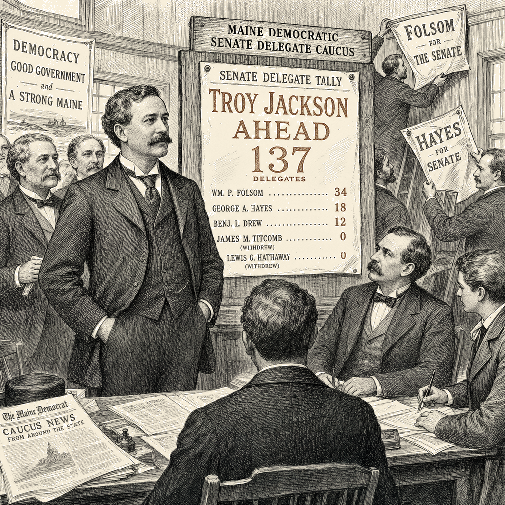 Illustration accompanying article: Jackson moves ahead in Maine Senate delegate race after rivals quit