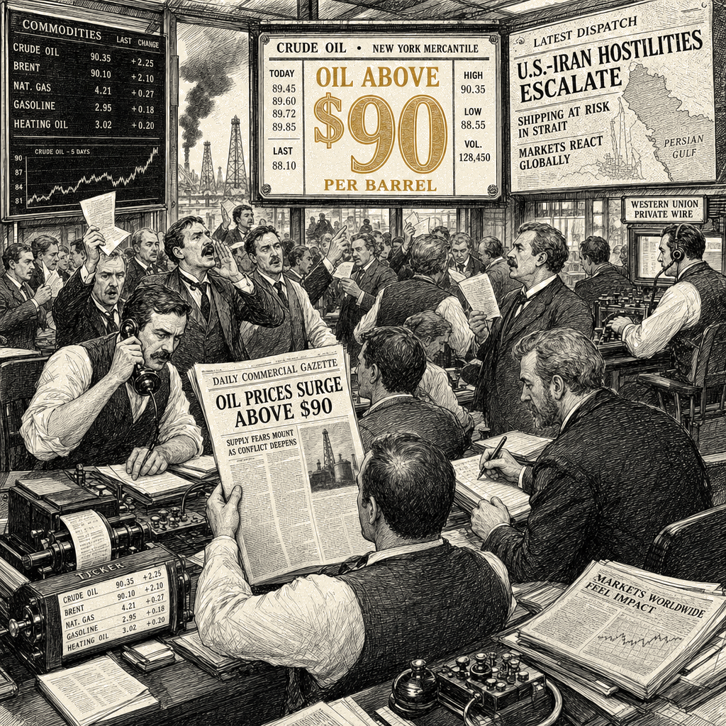Illustration accompanying article: Oil surges above $90 as U.S.-Iran hostilities escalate
