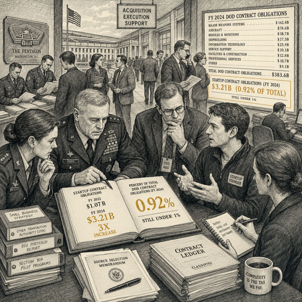 Illustration accompanying article: Pentagon startup spending triples yet remains under 1% of budget