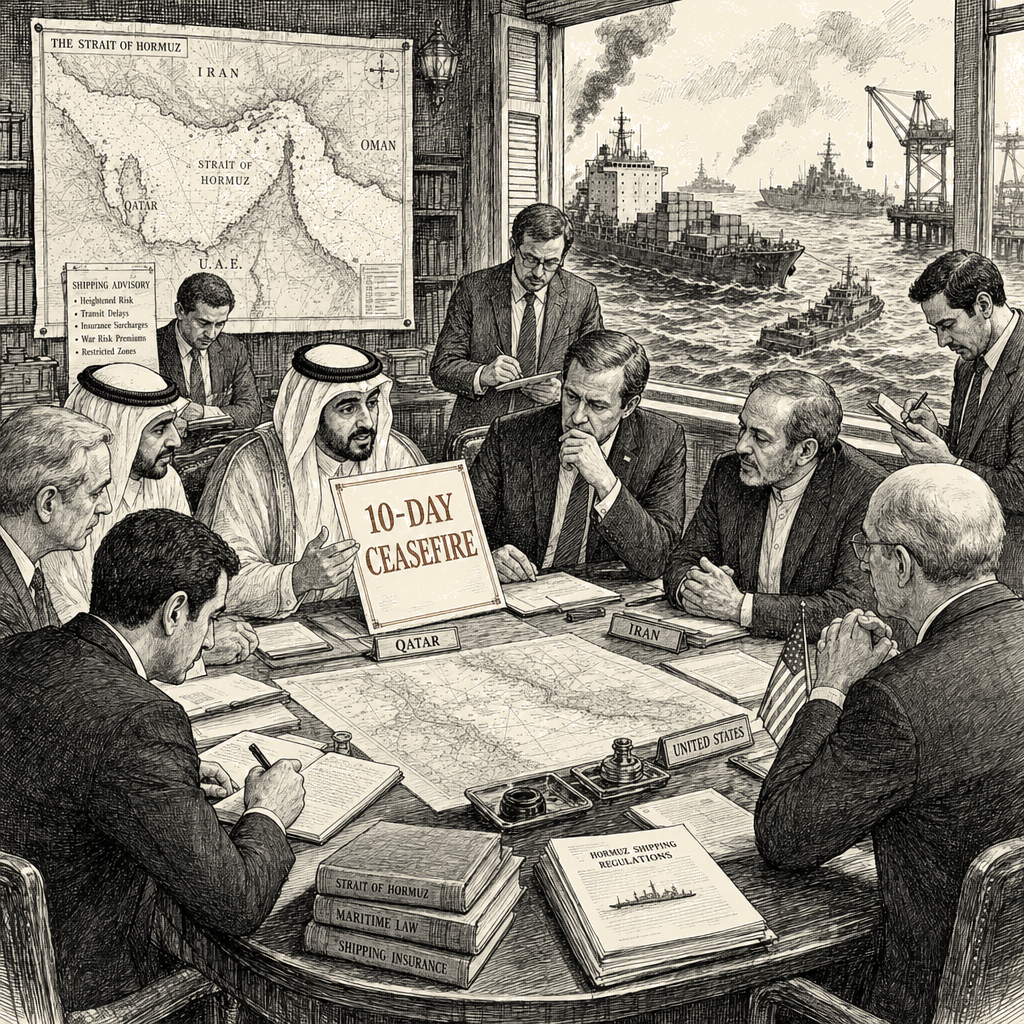 Illustration accompanying article: Qatar proposes 10-day ceasefire as US-Iran strikes continue