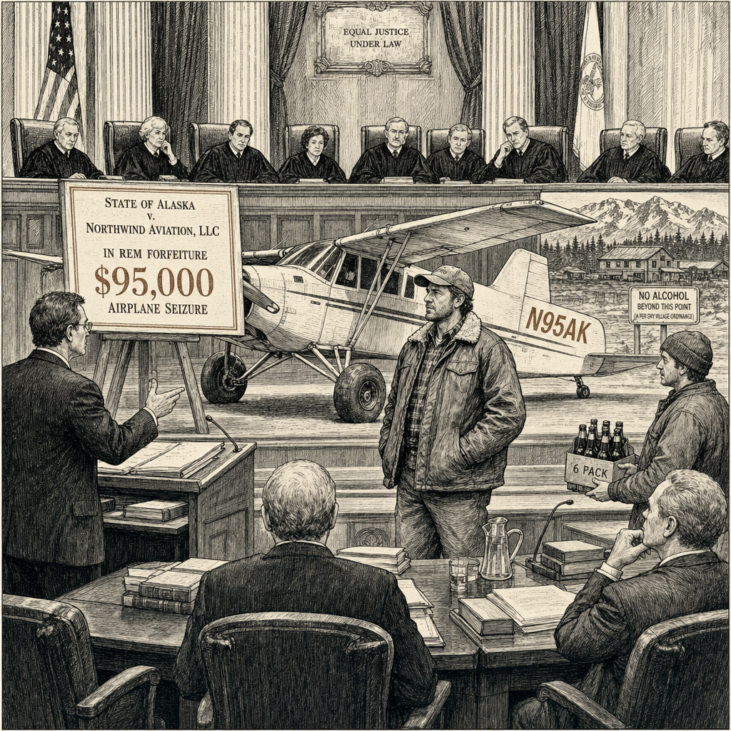 Illustration accompanying article: Supreme Court to hear Alaska bush pilot's plane seizure fight over six-pack of beer