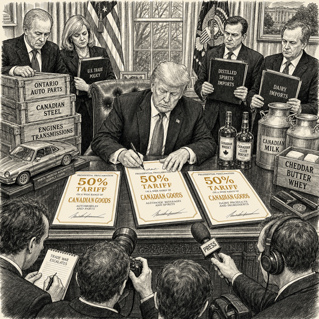Illustration accompanying article: Trump signs 50% tariff on Canadian goods, citing autos and dairy disputes