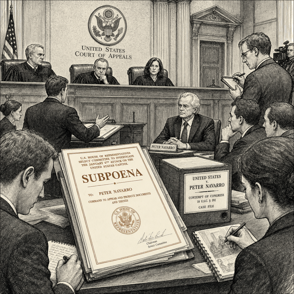 Illustration accompanying article: Appeals court upholds Navarro contempt of Congress convictions