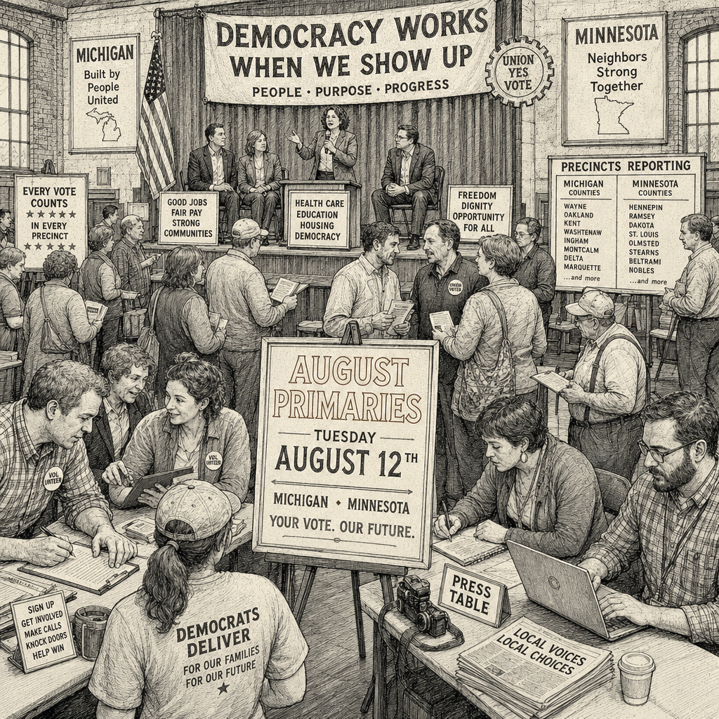 Illustration accompanying article: August primaries in Michigan and Minnesota test Democratic division
