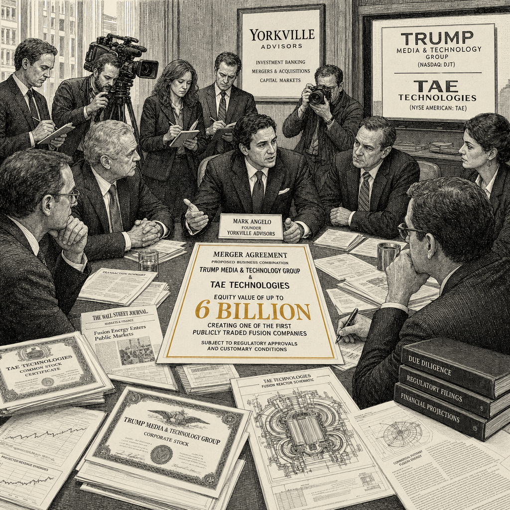Illustration accompanying article: Financier behind Trump Media's nuclear fusion deal draws scrutiny