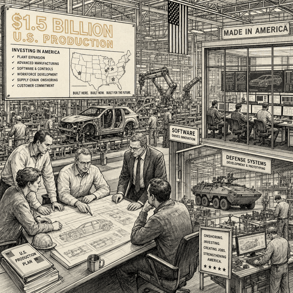 Illustration accompanying article: GM invests $1.5 billion to onshore production, scale defense unit