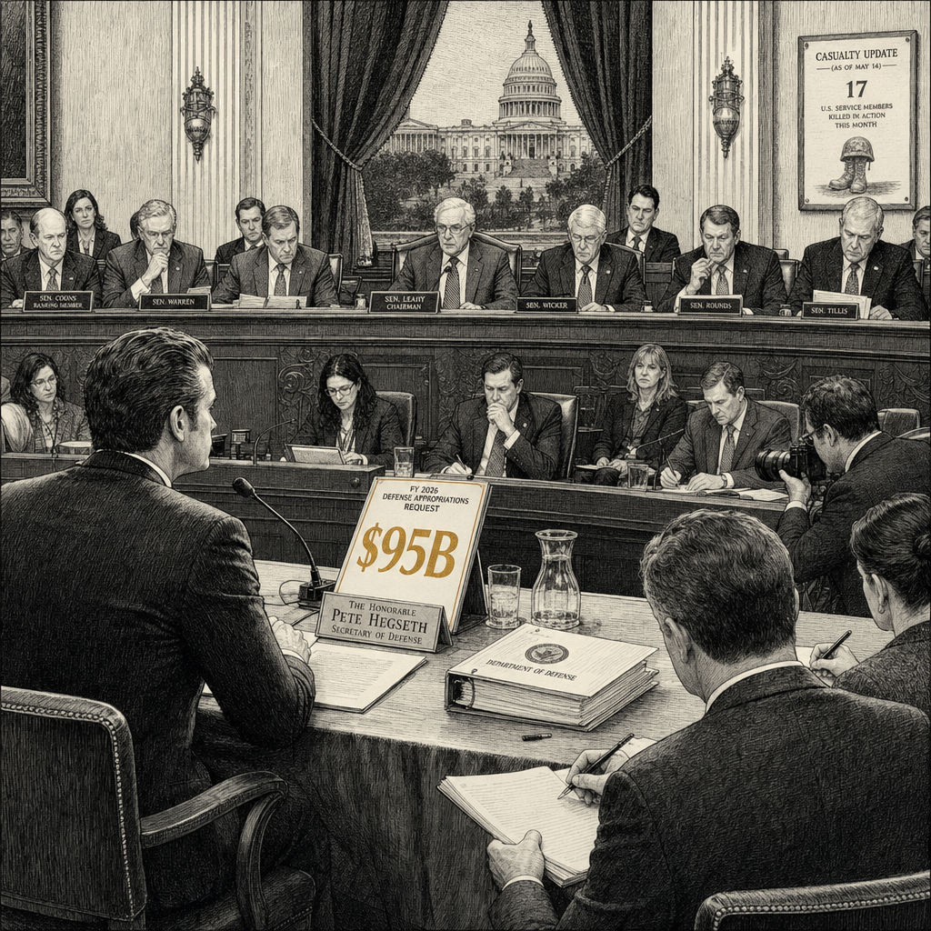 Illustration accompanying article: Hegseth faces Senate over $95B Iran war budget as U.S. death toll hits 17