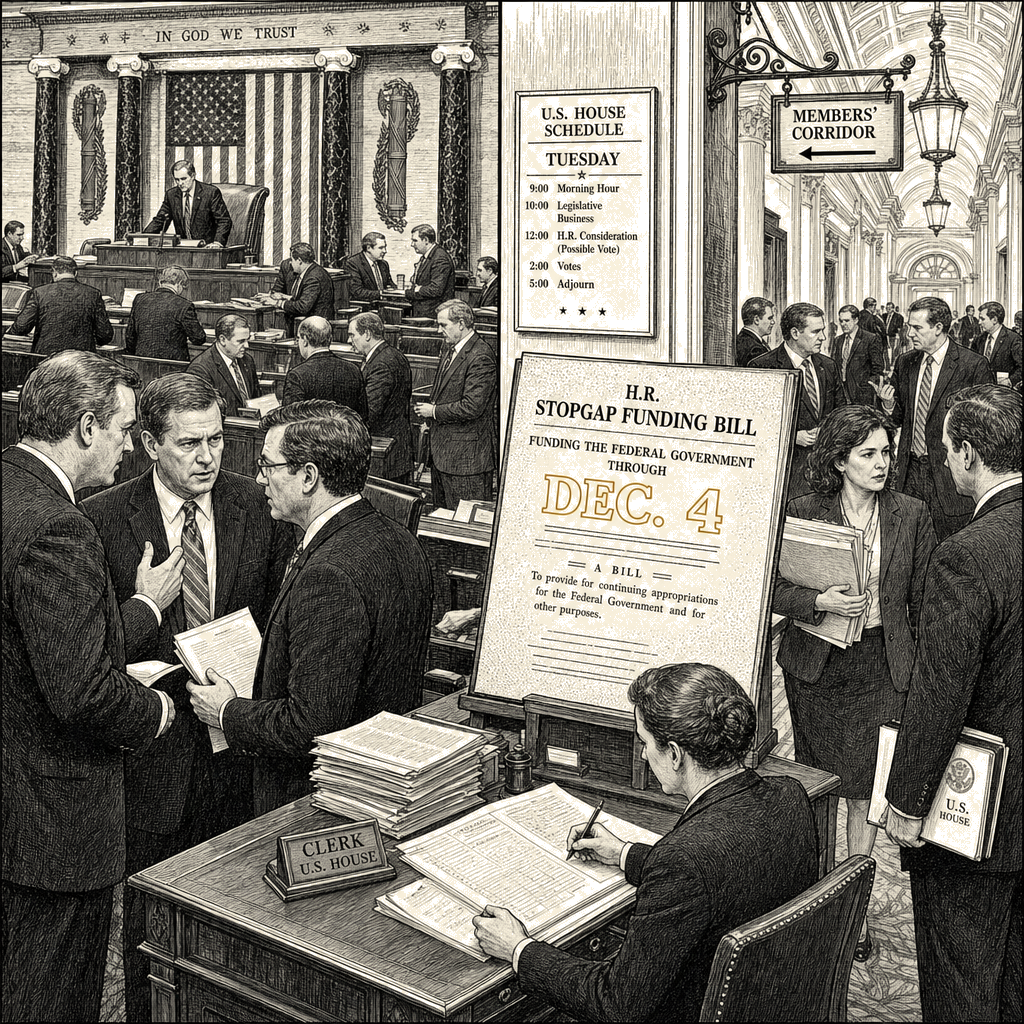 Illustration accompanying article: House Republicans set Tuesday vote on stopgap funding through Dec. 4