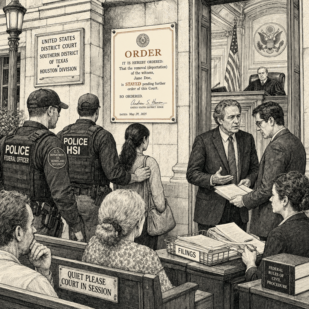 Illustration accompanying article: Judge blocks deportation of witness in fatal Houston ICE shooting