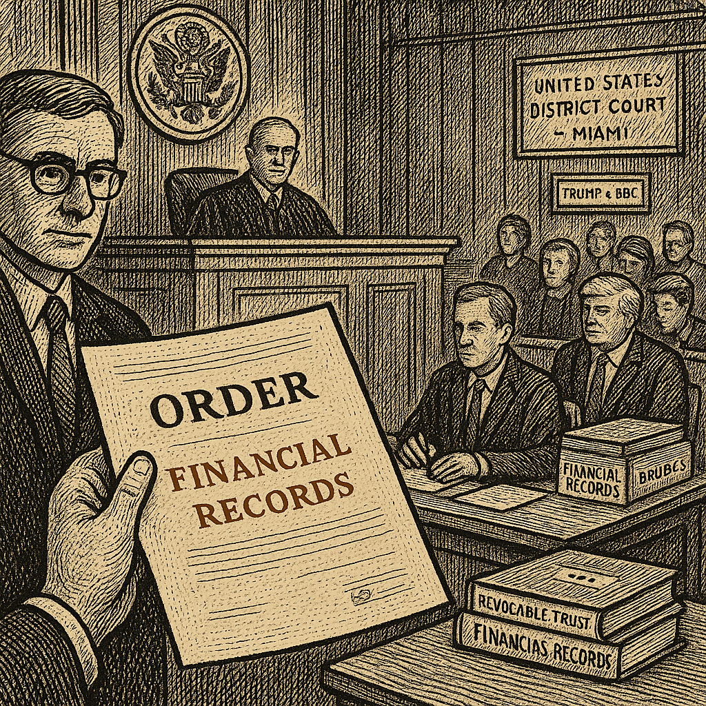 Illustration accompanying article: Judge orders Trump to release financial records in BBC defamation case