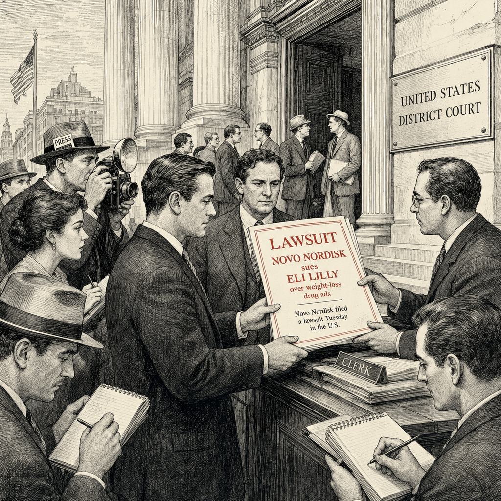 Illustration accompanying article: Novo Nordisk sues Eli Lilly over weight-loss drug ads