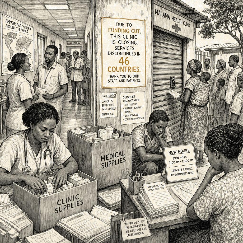 Illustration accompanying article: PEPFAR funding cuts forced clinics to close in 46 countries, report finds