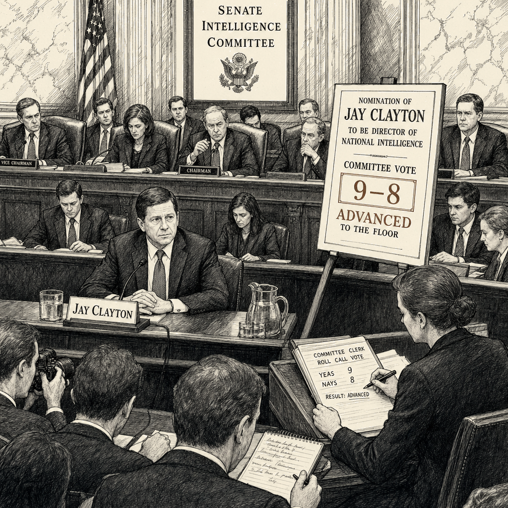 Illustration accompanying article: Senate panel advances Jay Clayton's DNI nomination along party lines