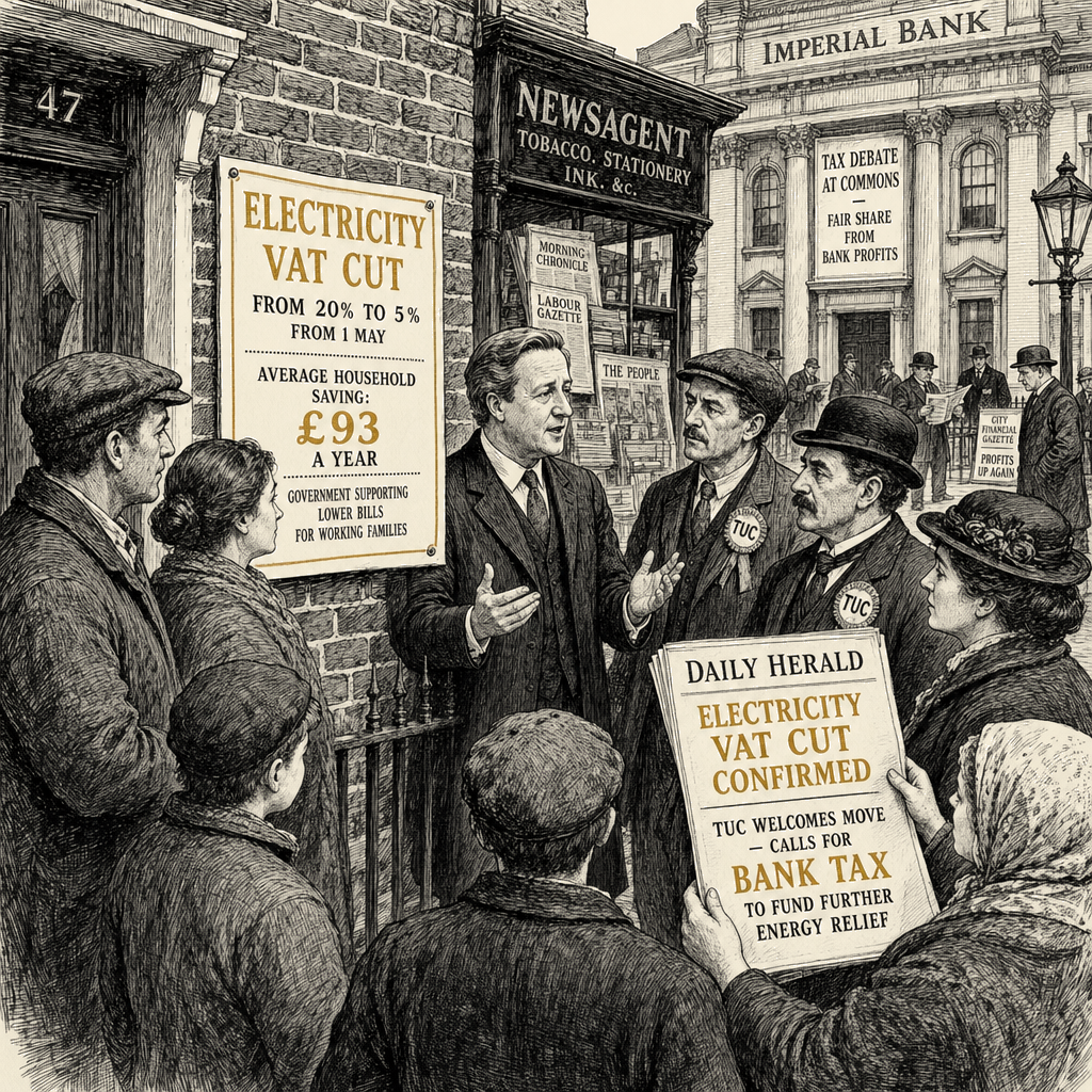 Illustration accompanying article: TUC backs Burnham's electricity VAT cut, pushes for bank tax