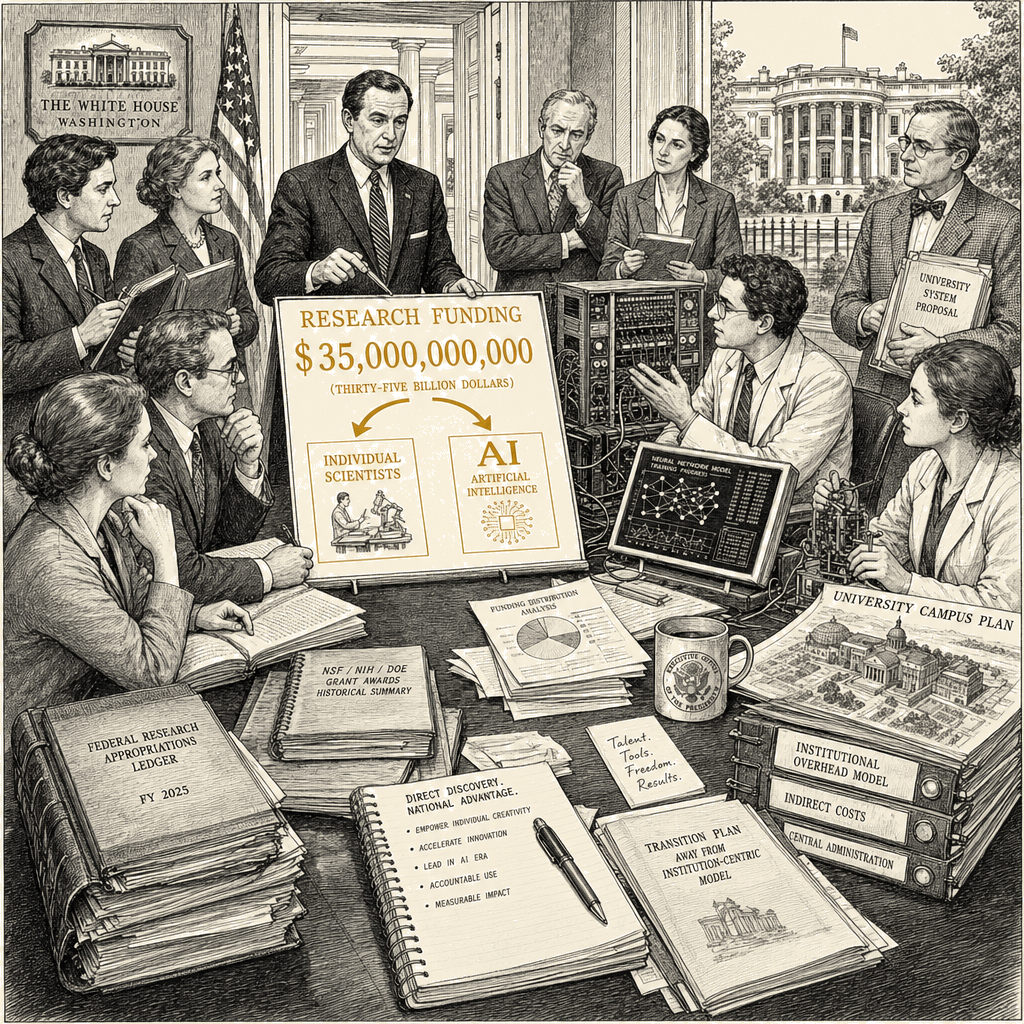 Illustration accompanying article: White House shifts research funding to individual scientists and AI