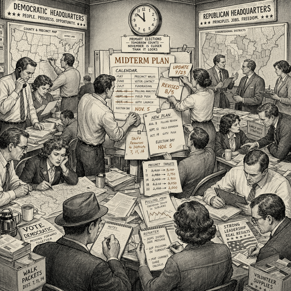 Illustration accompanying article: Both parties' midterm strategies falter as primaries scramble plans