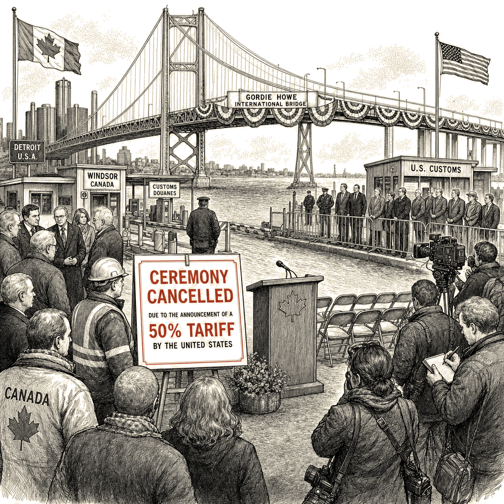 Illustration accompanying article: Canada cancels joint bridge ceremony with US after Trump's 50% tariff