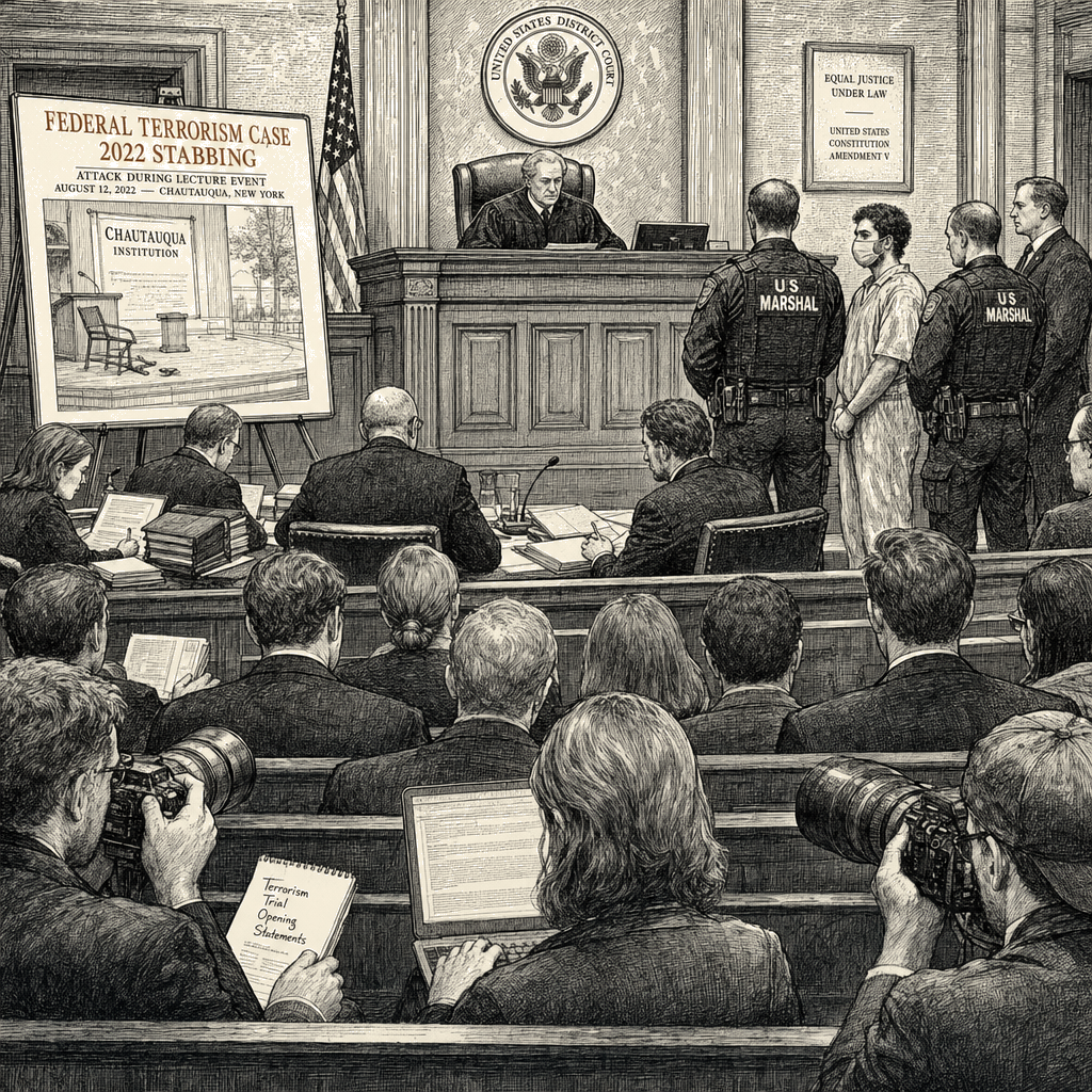 Illustration accompanying article: Federal terrorism trial opens for man convicted in Rushdie stabbing
