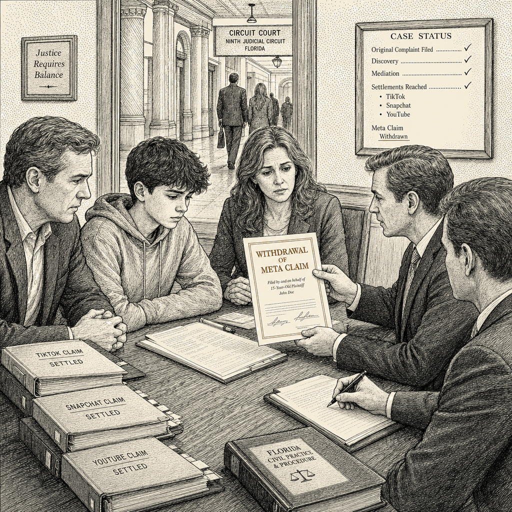 Illustration accompanying article: Florida teen drops Meta addiction lawsuit after settling other claims
