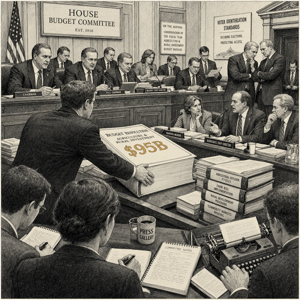 Illustration accompanying article: House panel advances $95B budget for conflict in Iran, farm aid, and voter ID
