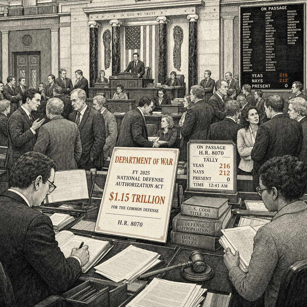 Illustration accompanying article: House passes $1.15 trillion defense bill, renames Pentagon 'Department of War'