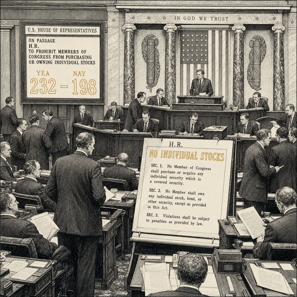 Illustration accompanying article: House votes to bar members of Congress from purchasing individual stocks