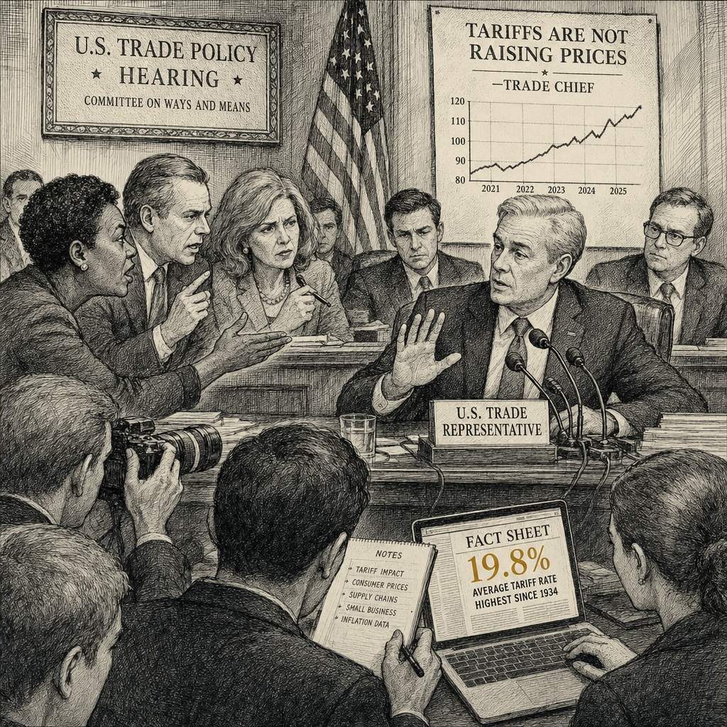 Illustration accompanying article: Trade chief denies tariffs raised prices as Democrats push back