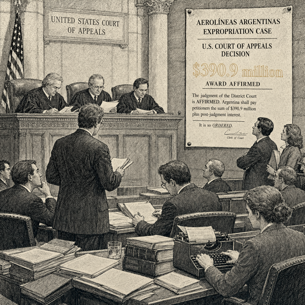 Illustration accompanying article: U.S. appeals court upholds $390.9 million award against Argentina in Aerolíneas…
