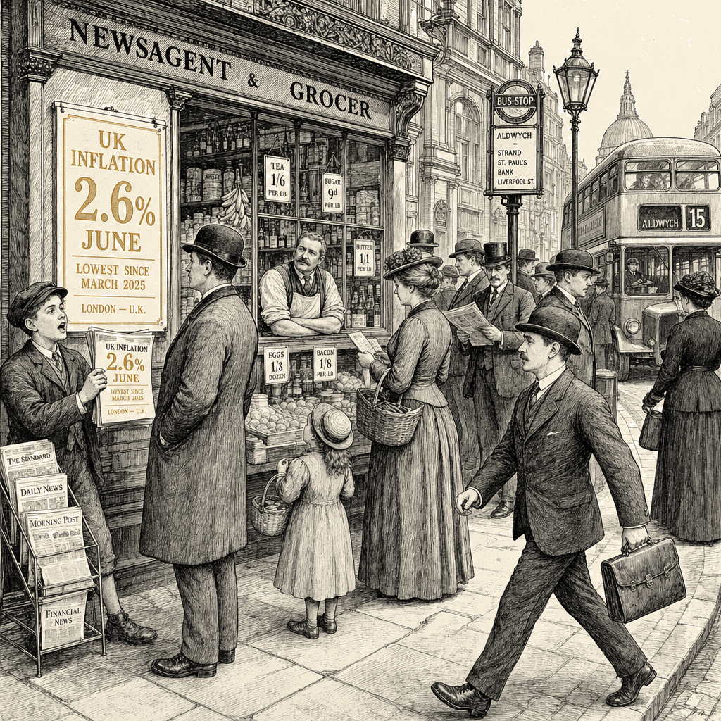 Illustration accompanying article: UK inflation falls to 2.6% in June, lowest since March 2025