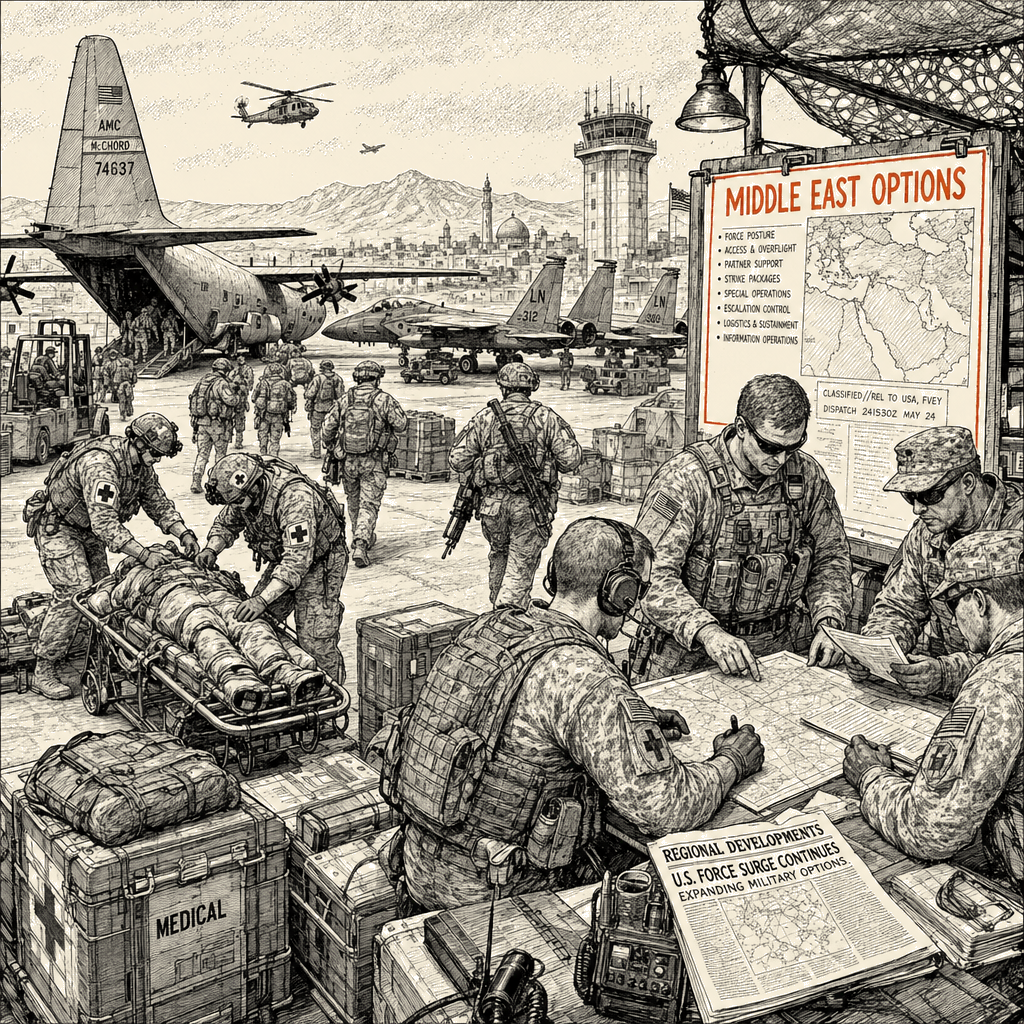 Illustration accompanying article: US surges forces to Middle East as Trump weighs expanding Iran war