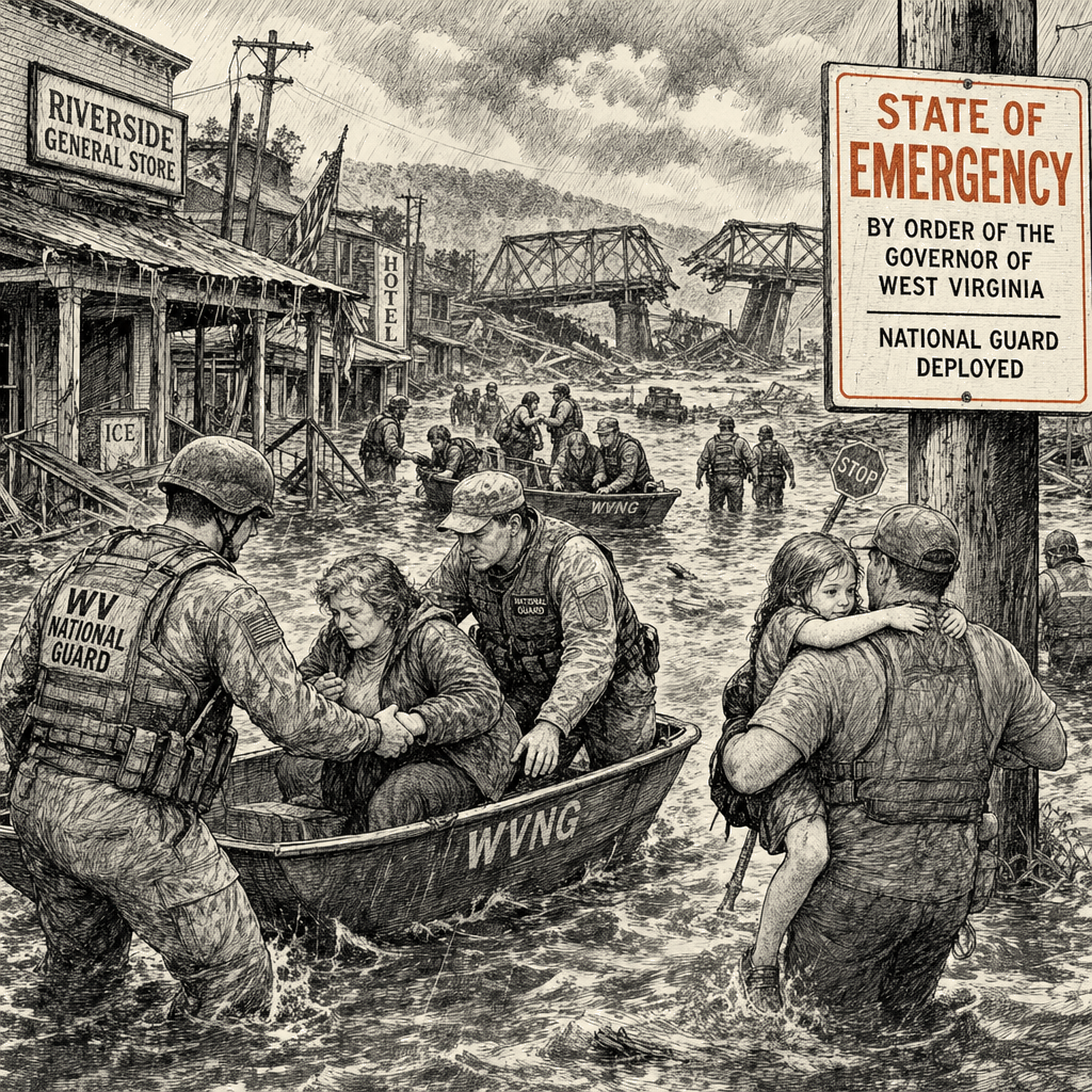Illustration accompanying article: West Virginia floods prompt state of emergency, National Guard deployment